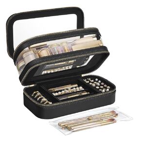 SONGMICS Makeup Bag with Mirror, with Jewelry Storage, Travel Makeup Bag, with Separate Brush Storage Pouch, Transparent Window, 8.7 x 4.7 x 4.7 Inches, Gift Idea, Cloud White UJKA026W01