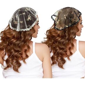 2 Pcs Lace Embroidery Head Coverings for Women Lace Chapel Cap Veils for Church Round Lace Mantilla, Black and White (Floral Style, 19.7 x 35.4 Inches)