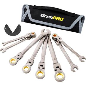 9 Piece Flex Head Ratcheting Wrench Set, Metric And Standard Wrench Set 9-17 mm, Combination Wrench Sets, Open End Wrench Tools Set, Wrench Roll Up Pouch With 1 Gauge, 72 Tooth CR-V
