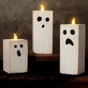 Halloween Decorations Indoor Table Decor: 3pcs Cute White Ghost Decor, Farmhouse Wooden Ghost Sign with Flameless LED Tea Lights, Rustic Room Decor for Kids Home Office School Desk Fireplace