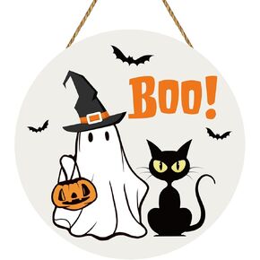 Halloween Door Decorations Halloween Boo Sign Door Hanger Wooden Ghost Black Cat Door Sign Rustic Halloween Door Wreath Halloween Hanging Decor for Front Door Porch Wall Halloween Indoor Home Decor
