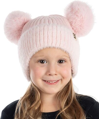 Funky Junque Toddler Beanie Winter Hat for Kids Girl Boy Children Faux Fur Double Pom Pom Earflap Ribbed Cute Warm in Saudi Arabia
