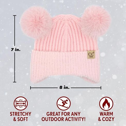 Funky Junque Toddler Beanie Winter Hat for Kids Girl Boy Children Faux Fur Double Pom Pom Earflap Ribbed Cute Warm in Saudi Arabia