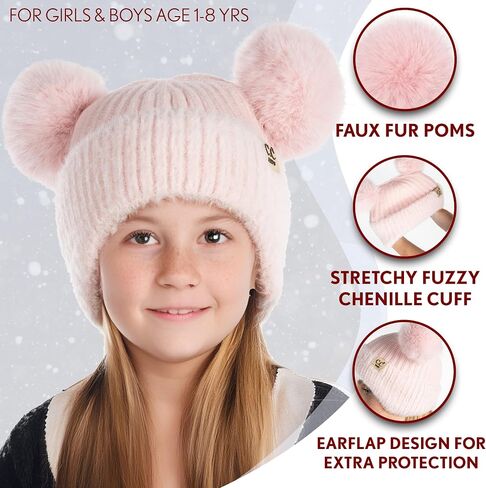 Funky Junque Toddler Beanie Winter Hat for Kids Girl Boy Children Faux Fur Double Pom Pom Earflap Ribbed Cute Warm in Saudi Arabia
