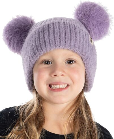 Funky Junque Toddler Beanie Winter Hat for Kids Girl Boy Children Faux Fur Double Pom Pom Earflap Ribbed Cute Warm in Saudi Arabia