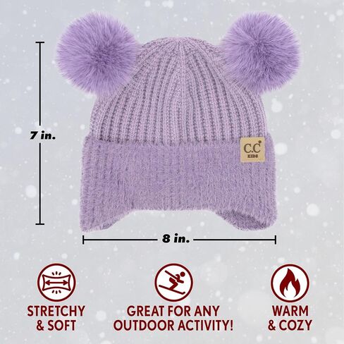 Funky Junque Toddler Beanie Winter Hat for Kids Girl Boy Children Faux Fur Double Pom Pom Earflap Ribbed Cute Warm in Saudi Arabia