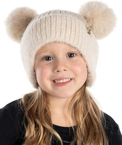 Funky Junque Toddler Beanie Winter Hat for Kids Girl Boy Children Faux Fur Double Pom Pom Earflap Ribbed Cute Warm in Saudi Arabia