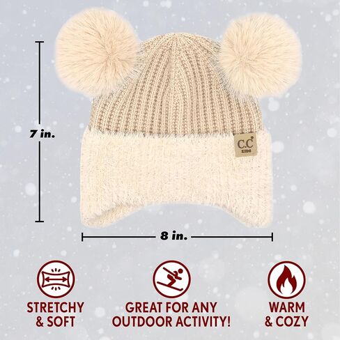 Funky Junque Toddler Beanie Winter Hat for Kids Girl Boy Children Faux Fur Double Pom Pom Earflap Ribbed Cute Warm in Saudi Arabia