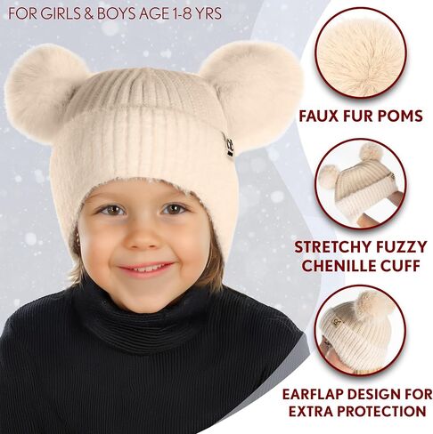 Funky Junque Toddler Beanie Winter Hat for Kids Girl Boy Children Faux Fur Double Pom Pom Earflap Ribbed Cute Warm in Saudi Arabia