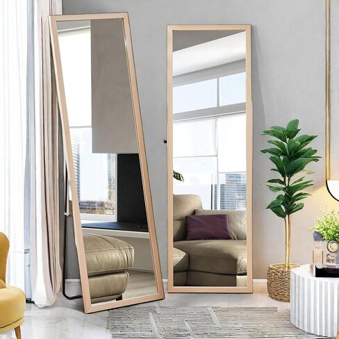 مرآة كاملة الطول مع حامل، مرآة أرضية بقياس 58 × 18 بوصة، مرآة حائط قائمة بذاتها، مرآة جسم كبيرة حديثة مع إطار خشبي لغرفة النوم وغرفة المعيشة والنوم وصالة الألعاب الرياضية، بلوط فاتح/58 in Kuwait