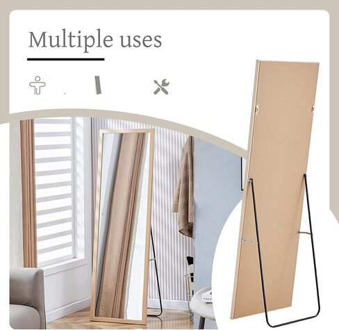 مرآة كاملة الطول مع حامل، مرآة أرضية بقياس 58 × 18 بوصة، مرآة حائط قائمة بذاتها، مرآة جسم كبيرة حديثة مع إطار خشبي لغرفة النوم وغرفة المعيشة والنوم وصالة الألعاب الرياضية، بلوط فاتح/58 in Kuwait