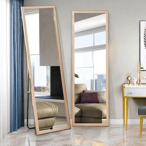 مرآة كاملة الطول مع حامل، مرآة أرضية بقياس 58 × 18 بوصة، مرآة حائط قائمة بذاتها، مرآة جسم كبيرة حديثة مع إطار خشبي لغرفة النوم وغرفة المعيشة والنوم وصالة الألعاب الرياضية، بلوط فاتح/58 in Kuwait