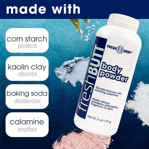 Fresh Butt Body Powder for Women & Men - Anti-Chafing, Anti-Itch, Odor & Sweat Absorbing + Calamine - Friction Fighting, Talc-Free, Unscented, 6oz in Saudi Arabia