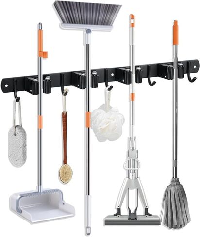 JAMEND CLXP Broom Hanger and Mop Holder, Heavy Duty Garden Tool Organizer Rack Rake and Shovel Handle, Stainless Steel Wall Mounted Utility Rack with Screws (3 Racks with 4 Hooks, Matte Black). in Saudi Arabia