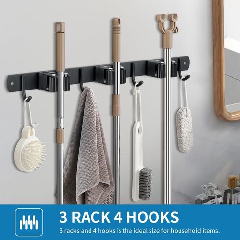 JAMEND CLXP Broom Hanger and Mop Holder, Heavy Duty Garden Tool Organizer Rack Rake and Shovel Handle, Stainless Steel Wall Mounted Utility Rack with Screws (3 Racks with 4 Hooks, Matte Black). in Saudi Arabia