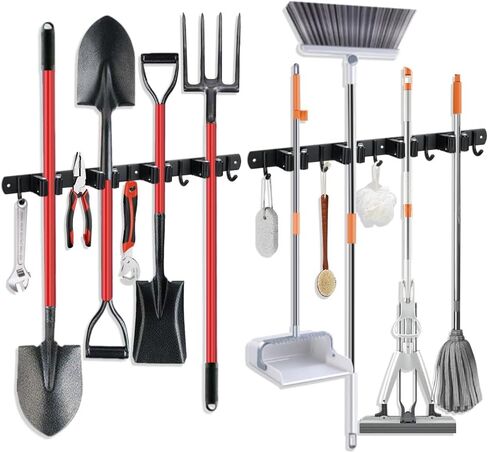 JAMEND CLXP Broom Hanger and Mop Holder, Heavy Duty Garden Tool Organizer Rack Rake and Shovel Handle, Stainless Steel Wall Mounted Utility Rack with Screws (3 Racks with 4 Hooks, Matte Black). in Saudi Arabia