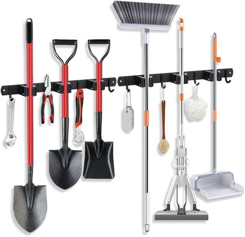 JAMEND CLXP Broom Hanger and Mop Holder, Heavy Duty Garden Tool Organizer Rack Rake and Shovel Handle, Stainless Steel Wall Mounted Utility Rack with Screws (3 Racks with 4 Hooks, Matte Black). in Saudi Arabia