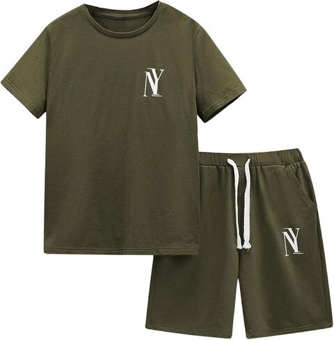 GORGLITTER Boy's 2 Piece Outfits Letter Print Graphic Tee Drawstring Waist Running Shorts Clothing Sets in Saudi Arabia