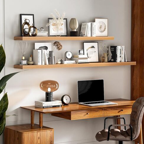 Marsmiles Floating Shelves for Wall | Solid Ash Wood Floating Shelves 24W x 8D Set of 2 | Rustic Natural Wood Wall Shelves with Upgraded Heavy Duty Brackets - Natural in Kuwait