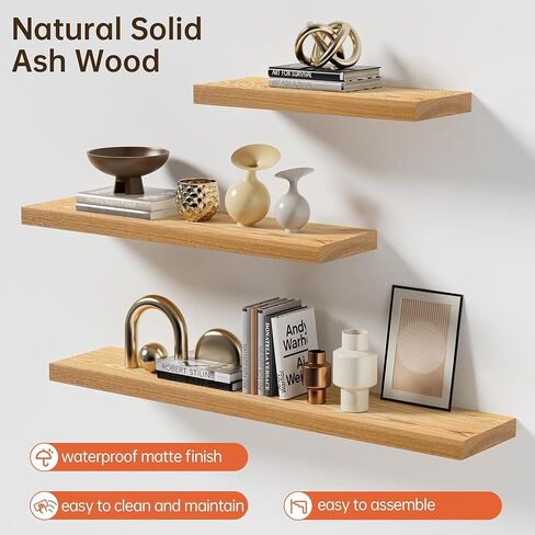 Marsmiles Floating Shelves for Wall | Solid Ash Wood Floating Shelves 24W x 8D Set of 2 | Rustic Natural Wood Wall Shelves with Upgraded Heavy Duty Brackets - Natural in Kuwait