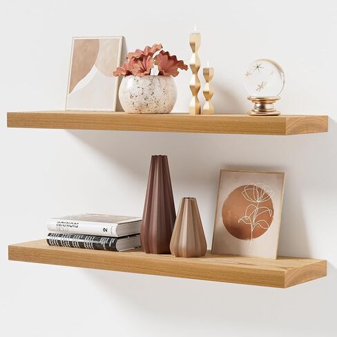 Marsmiles Floating Shelves for Wall | Solid Ash Wood Floating Shelves 24W x 8D Set of 2 | Rustic Natural Wood Wall Shelves with Upgraded Heavy Duty Brackets - Natural in Kuwait