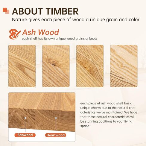 Marsmiles Floating Shelves for Wall | Solid Ash Wood Floating Shelves 24W x 8D Set of 2 | Rustic Natural Wood Wall Shelves with Upgraded Heavy Duty Brackets - Natural in Kuwait