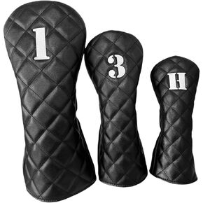 Premium Black Or White Golf Headcovers Set for Driver and Woods - Synthetic Leadther Golf Club Head Cover Include Driver Cover,Fairway 3 Wood Head Covers and Hybrid Headcovers