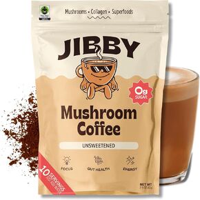 JIBBY Mushroom Coffee - Organic Instant Coffee Powder with Collagen, MCT Oil, Superfood Mushrooms - Detox Mushroom Coffee Powder for Energy, Focus, Digestion, and Gut Health - 30 Servings