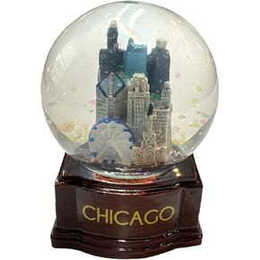 Chicago Skyline Snow Globe with Wooden Base Souvenir Compatible with Cloud Gate The Bean 45MM