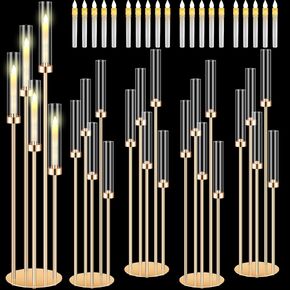Tandefio 8 Sets Acrylic Candelabra Centerpieces 42.5" Tall Clear Candle Holders Pillar Taper Candlestick with Lampshades 5 Arm Floor Candelabra Stand for Wedding Christmas Ceremony Dinner Party