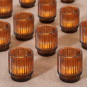Vintage Ribbed Clear Glass Tealight & Votive Candle Holders (Set of 12), Wedding Bridal Shower Party Table Decor, Fall Decor, Boho Decor, Shelf Decoration