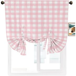 DecorLovee Pink Buffalo Plaid Balloon Window Shades, Bathroom Window Curtains 54 Inch Length, Farmhouse Pink White Checkered Privacy Tie Up Curtains for Windows Living Room/Kitchen 42"x54"
