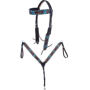 CHALLENGER Horse Western Floral Tooled Laced Browband Tack Set Bridle Headstall Breast Collar 78HR01B