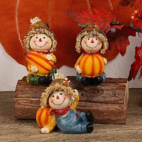 Lulu Home 3 Packs Fall Tabletop Ornaments, Resin Scarecrows Figurines in Different Postures with Pumpkins, Small Shelf Sitters for Autumn Fireplace Home Harvest Thanksgiving Decorations