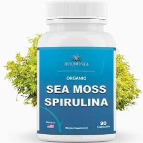 Organic Sea Moss Spirulina, 90 Capsules, 100% Organic Sea Moss Spirulina, Strength & Endurance- High Potency Sea Moss Supplement, Made in USA, Superfood Capsules for Men & Women, Vegan