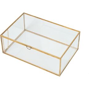10.8" Golden Glass Jewelry Box - Clear Glass Box Keepsake Box with Lid for Display Jewelry Trinket, Vintage Home Decor Accent Decorative Box - 15622A