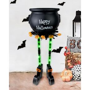 Halloween Decorations, 24" Halloween Candy Bowl With Lighted Witch Legs, Trick or Treat Bowl Funny Halloween Cauldron Candy Holder for Front Door Porch Outdoor Indoor Decor (Green)