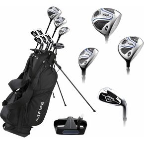 Aspire Golf Club Set for Men, Left Handed, Set Includes: 460cc Driver, #3 Wood, 21 Hybrid, No. 6-9 Irons, Pitching Wedge, Deluxe Putter, Stand Bag, and 3 Matching Head Covers, Black/Blue