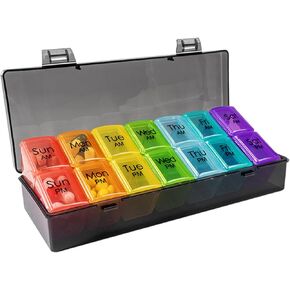 Weekly Pill Organizer 2 Time a Day，Pill Dispensers， Pill Box 7 Day with One-Side Large Opening Design for Easy Filling ，2 Times a Day AM/PM Pill Case, for Medication/Vitamins (Black Rainbow)
