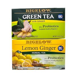 (Variety 2 packs) Tea Green Tea with Ginger Plus Probiotics Caffeinated Tea with Ginger, Lemon Ginger Herbal Tea Plus Probiotics Caffeine Free Tea, 18 Count each (Total: 36 Count)