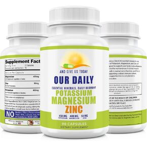 Magnesium Potassium Supplements W Zinc - 90 Capsules 400MG Magnesium,450MG Potassium,50MG Zinc for Vascular Health – High Absorption Vegan Potassium Magnesium Supplement for Leg Cramps and Sleep