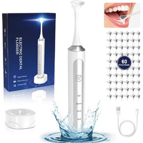 Reusable Electric Flosser for Adults & Kids with 4 Speeds, Rechargeable Vibration Flosser/Tongue Scraper/Cleaner, Electric Dental Floss with 4 Speeds + 60 Replacement Heads, Wireless Charging Base