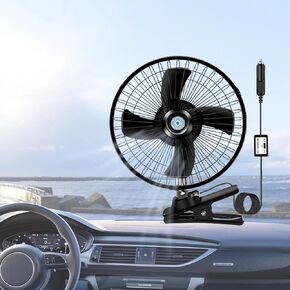 LrgeYsry 8''Car Fan,12V Portable Vehicle Cooling Fan,20W All Metal Car Clip-on Fan,Plug-type Two-speed Switch 180°Automatic Rotation for Golf Cart,Tractor,Van,Truck,Boat,Buses,Camper (Black)