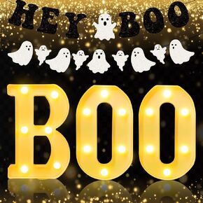 4 PCS Halloween Decoration LED Light Up Letter "Boo" Lights (Black Housing) + Ghost Banner Halloween Decorations for Home Kitchen Fireplace Halloween Party Table Decoration Supplies(Black)
