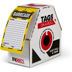 INCOM Manufacturing Inspection Tags On A Roll, Barricade Status, Heavy-Duty DuraPly® Stock, Waterproof and Tear-Resistant, 6.25 Inch X 3 Inch X 10 Mil Thickness, 100 pack, RT8030C