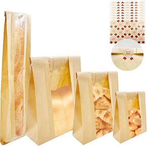 SNAIL GARDEN 100pcs Sourdough Bread Bags with Four Sizes, Bread Bags for Homemade Bread Sourdough with Window, Kraft Paper Paper Bread Bags with 120PCS Label Seal Stickers for Bakery Cookies, Treats