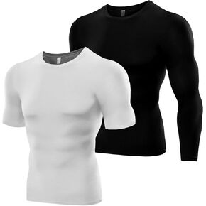 2 Pack Men's UPF 50+ Workout Compression Shirts Rash Guard Base Layer Long/Short Sleeve Tops Athletic Undershirt