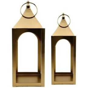 Hosley Set of 2 Modern Metal Classic Style Lanterns Gold. Ideal Gift for Parties Weddings Aromatherapy and LED Spa Settings