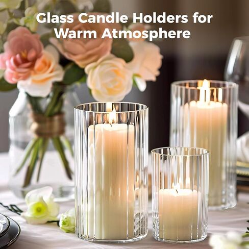 18 PCS Ribbed Hurricane Glass Candle Holders Bulk - Transparent Cylinder Candle Holders for Pillar Candles, Decorative Candle Hurricane Vases for Centerpieces Wedding Table Decorations in Saudi Arabia