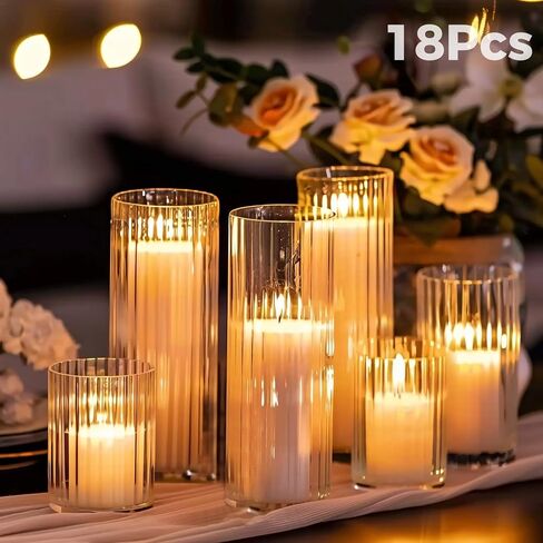 18 PCS Ribbed Hurricane Glass Candle Holders Bulk - Transparent Cylinder Candle Holders for Pillar Candles, Decorative Candle Hurricane Vases for Centerpieces Wedding Table Decorations in Saudi Arabia